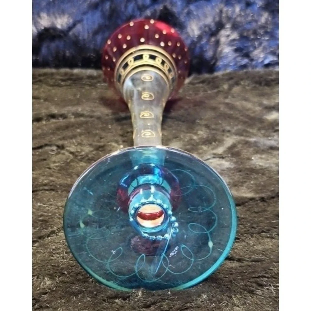 Vintage Pier 1 5-Glass Champagne Flutes Hand Painted & Blown 3-rings 8Pc. 11.5